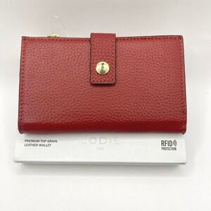 LODIS RFID Bifold Wallet Women Red Premium Top Grain Pebbled Leather Gift NIB